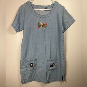 Vintage Get Lucky Brand Blue Crew Neck Midi Dress with embroidered cats Size M